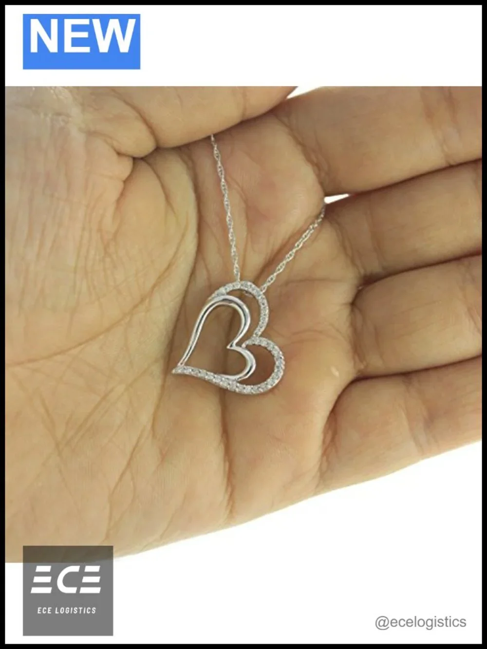 S925 Sterling Silver Round Cut Diamond Double Heart Pendant Necklace 18